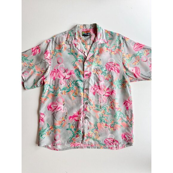 Vintage PATALOHA PATAGONIA Grey Pink Floral Flamingo Hawaiian Shirt, Size S - Picture 3 of 16